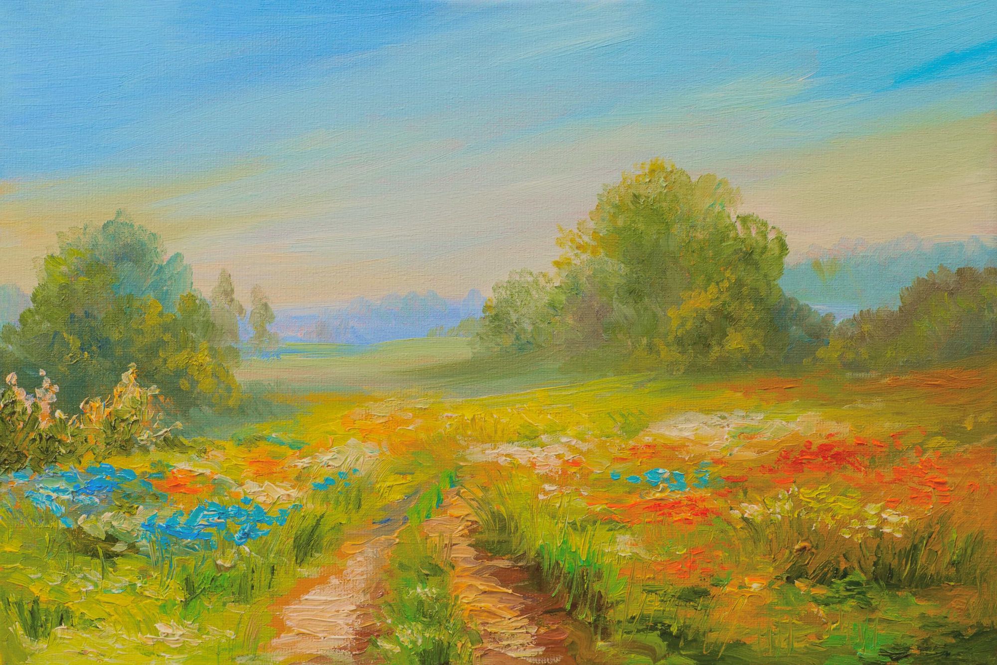 Screenshot of one of the new wallpapers: an oil painting of a flowered field in bloom
