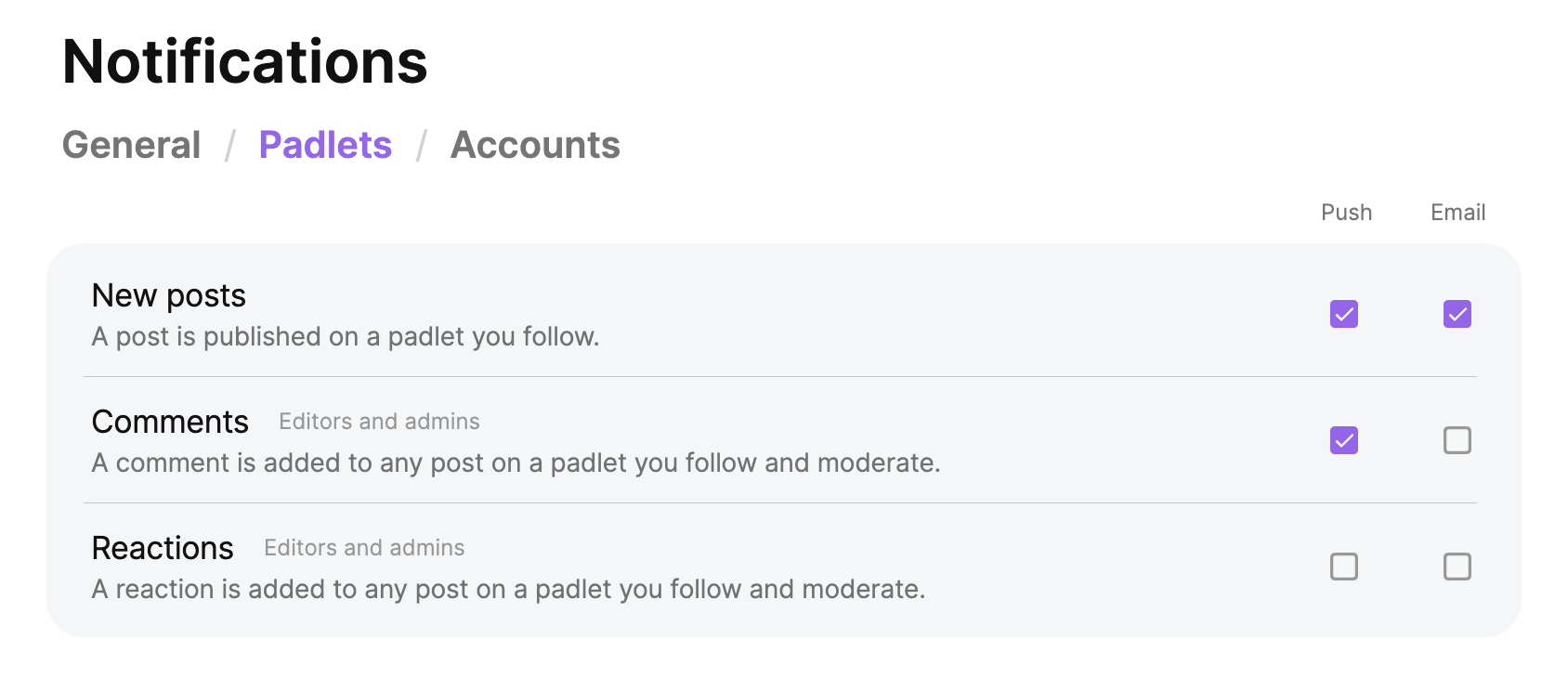The Notifications page in your settings, showing the default notifications settings for padlets