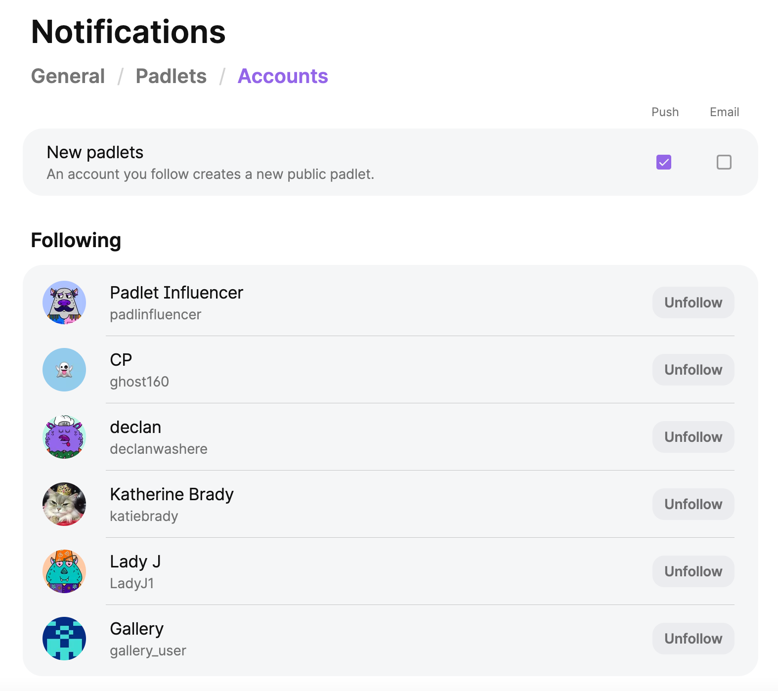 The Notifications page in your settings, showing the default notifications settings for accounts