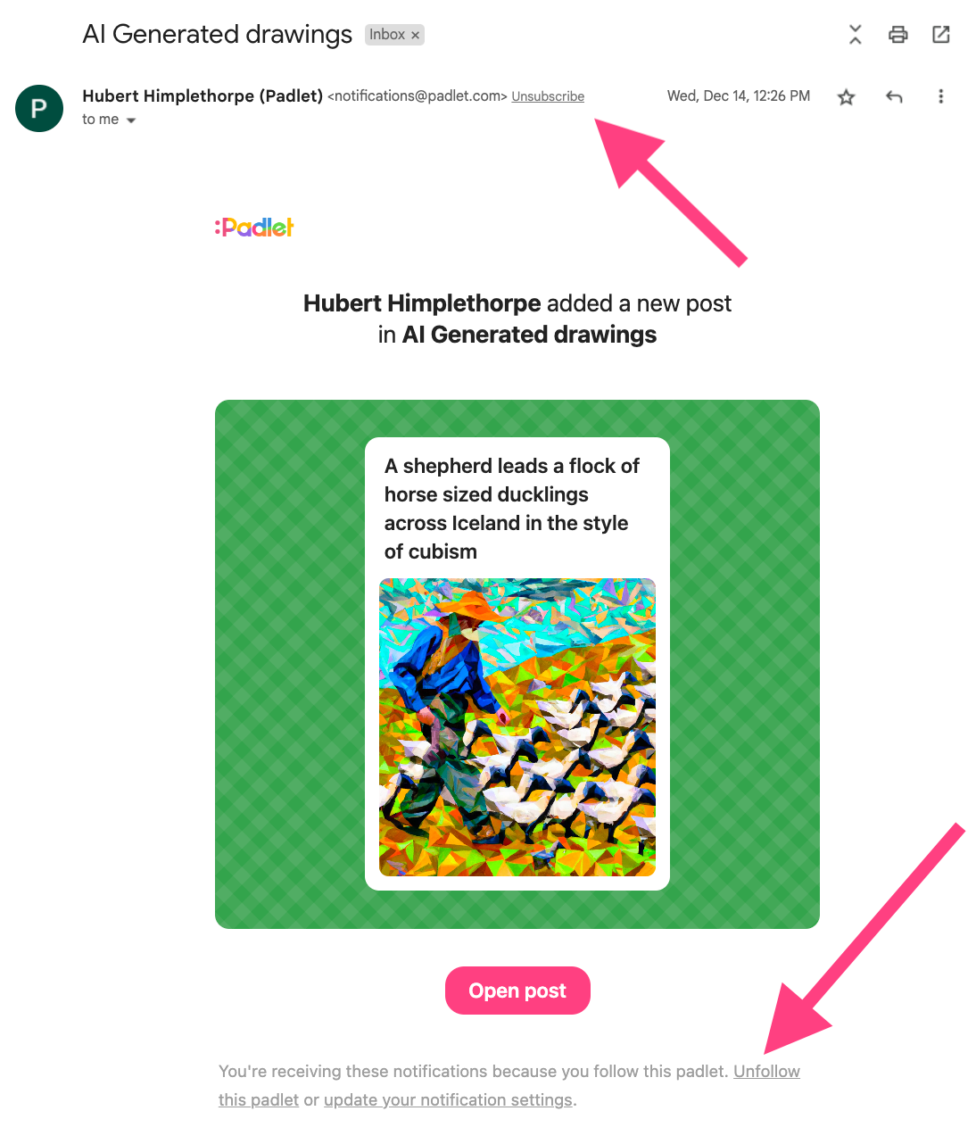 A screenshot of an email notification about a new post in a padlet called "AI Generated drawings." The post subject is: A Shepherd leads a flock of horse sized ducklings across Iceland in the style of cubism. The photo is an AI generated image of that description. 