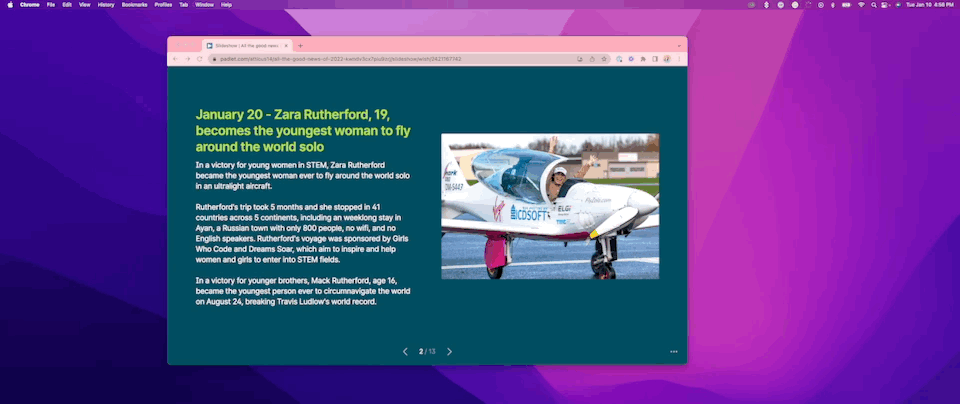 A GIF of a padlet in slideshow view being resized in a browser window.