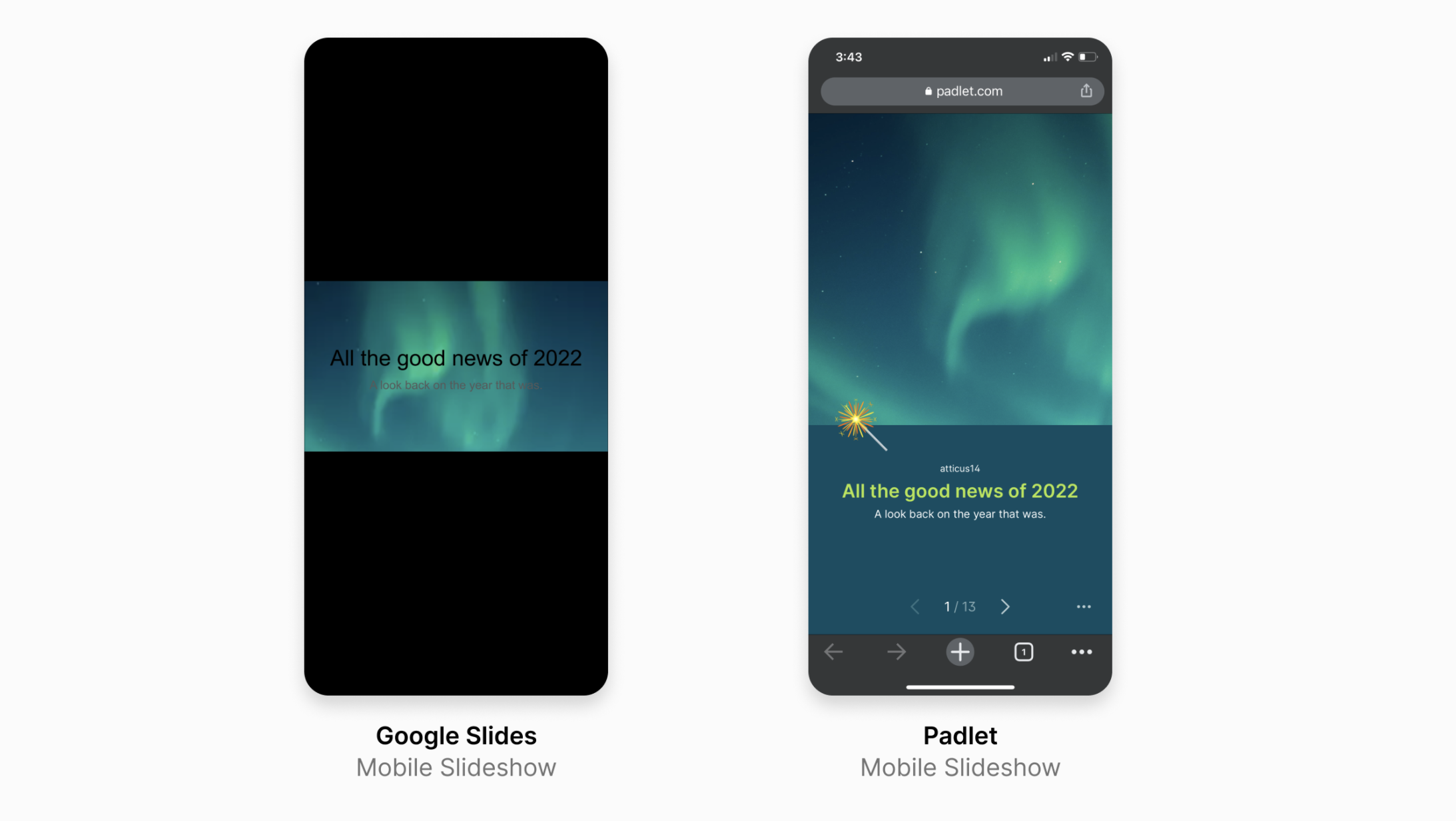 A side by side comparison of a slideshow on Padlet vs Google slides