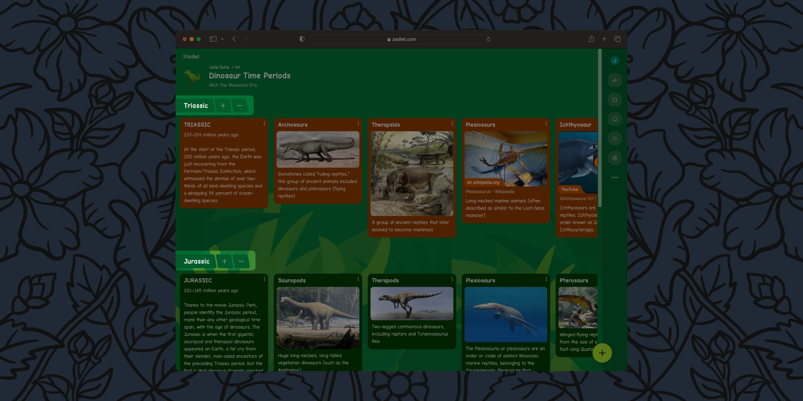 Screenshot of a timeline padlet with sections, highlighting the new section header.