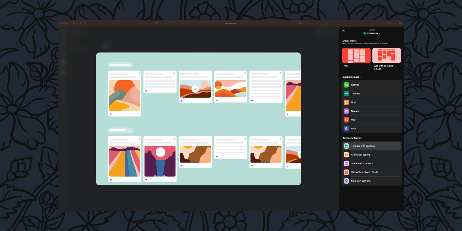 Screenshot of new "make a padlet" panel, highlighting formats with sections.