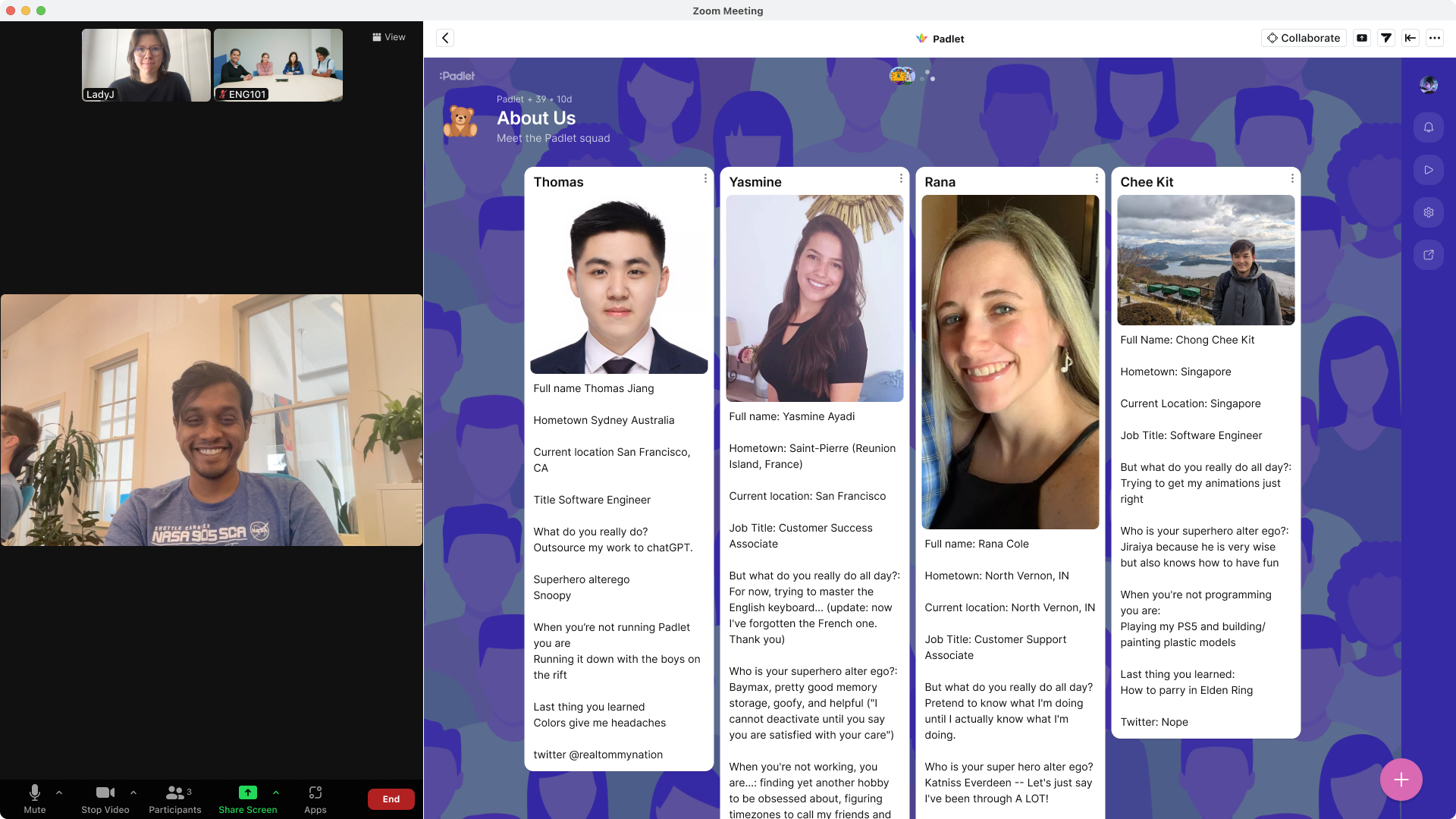 The padlet zoom app in action. A zoom meeting screen alongside a padlet with a purple wallpaper.