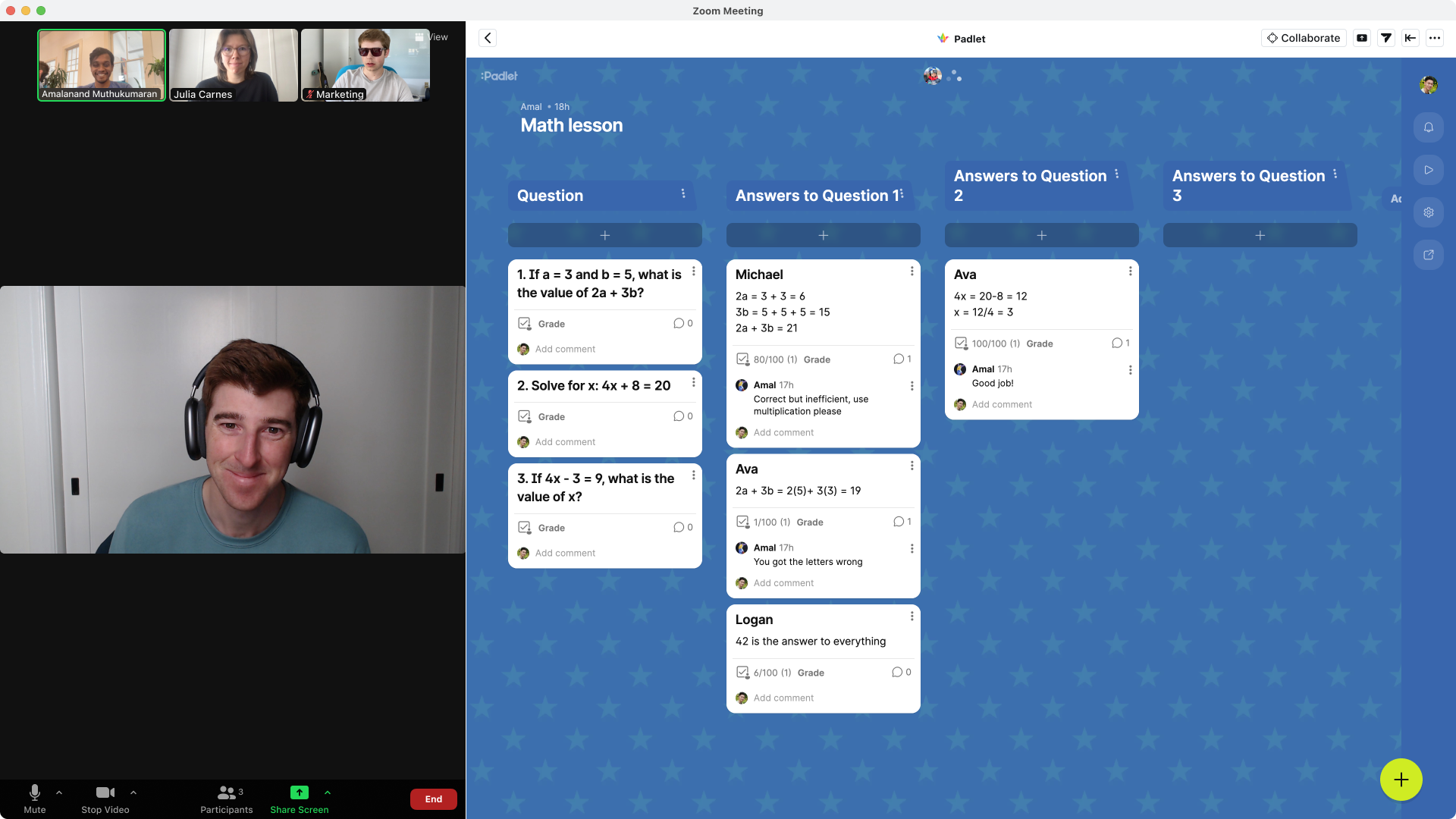 The padlet zoom app in action. A zoom meeting screen alongside a padlet with a blue wallpaper.