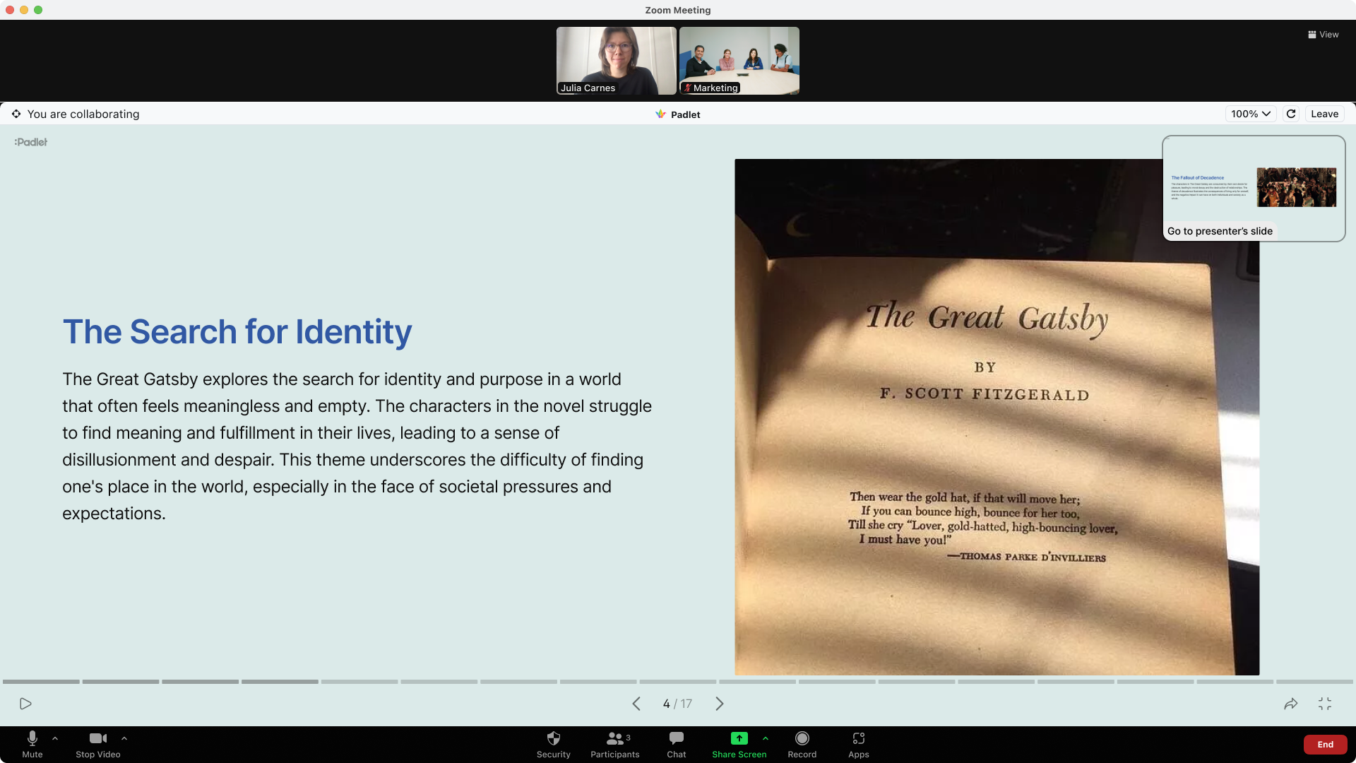 A Padlet slideshow within the Zoom app.