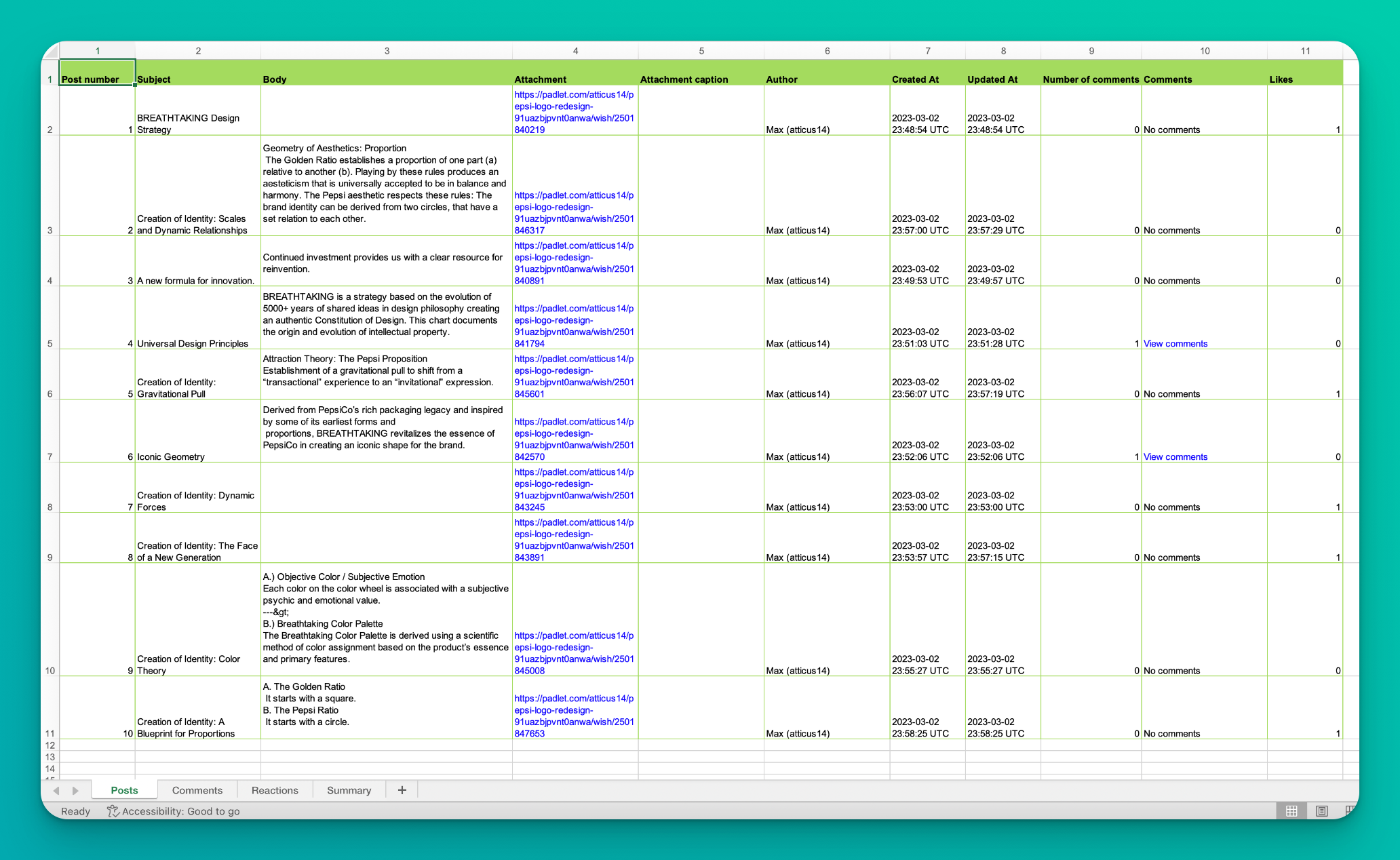 A screenshot of a padlet spreadsheet export