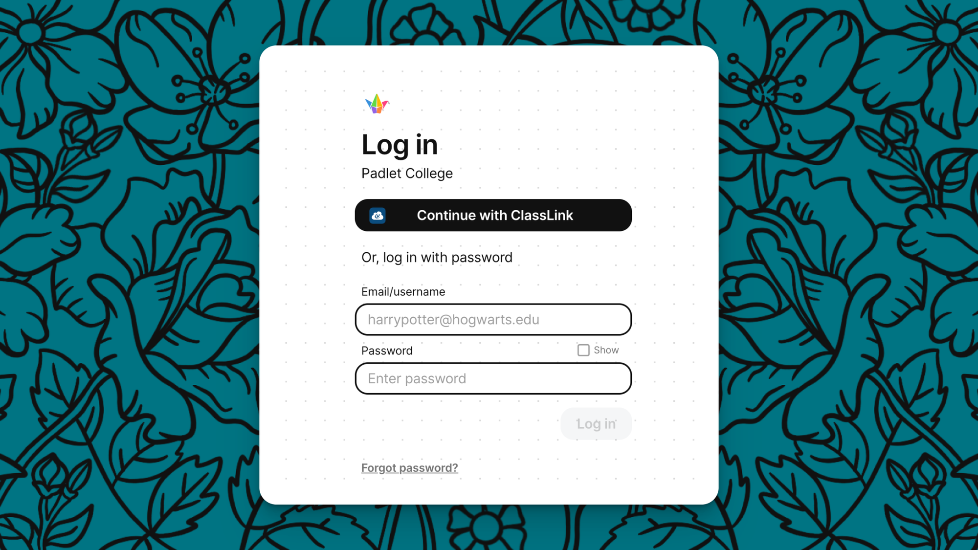 A screenshot of the Padlet Log in page with ClassLink integration