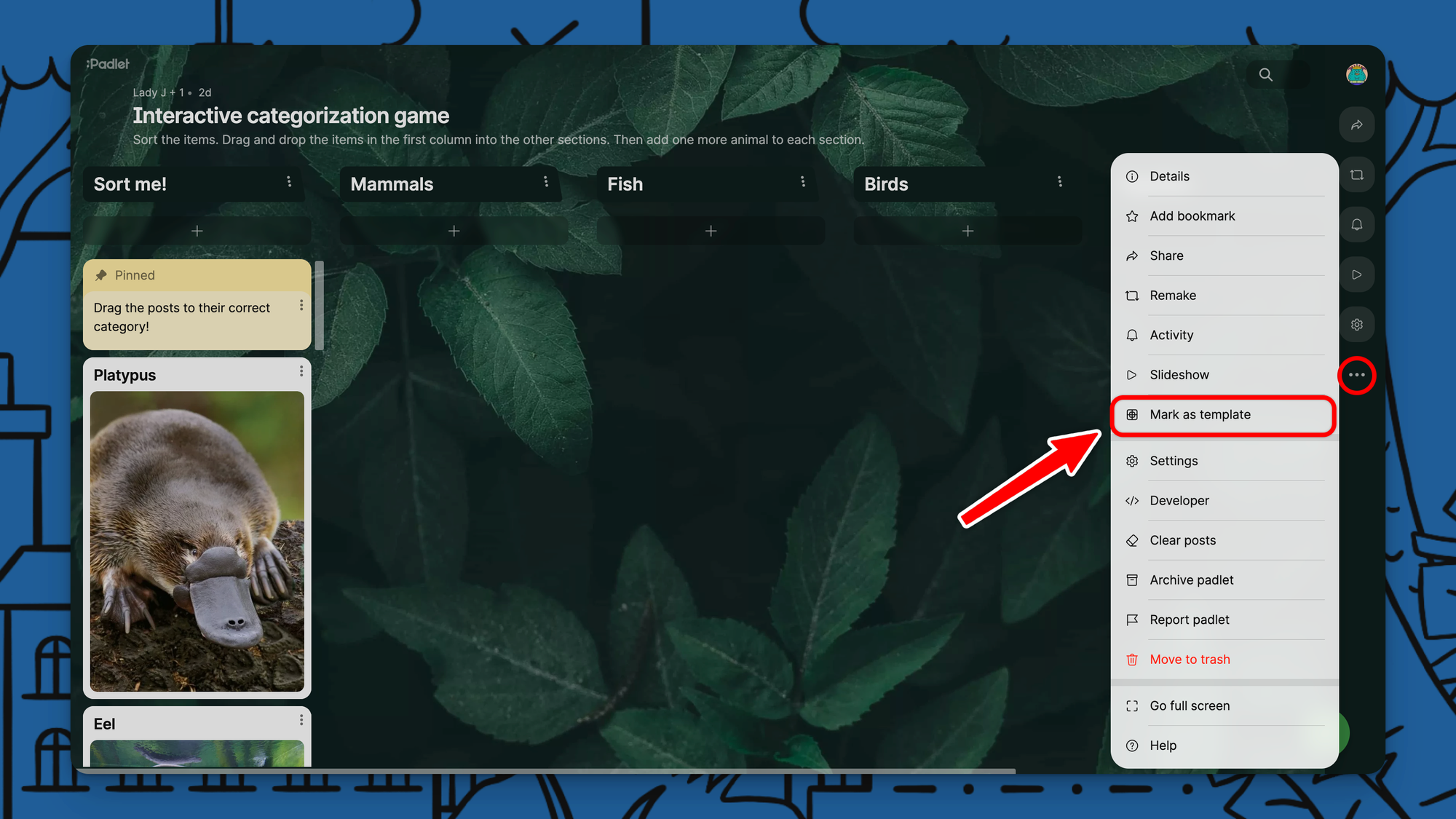 A screenshot demonstrating how to mark a padlet as a template