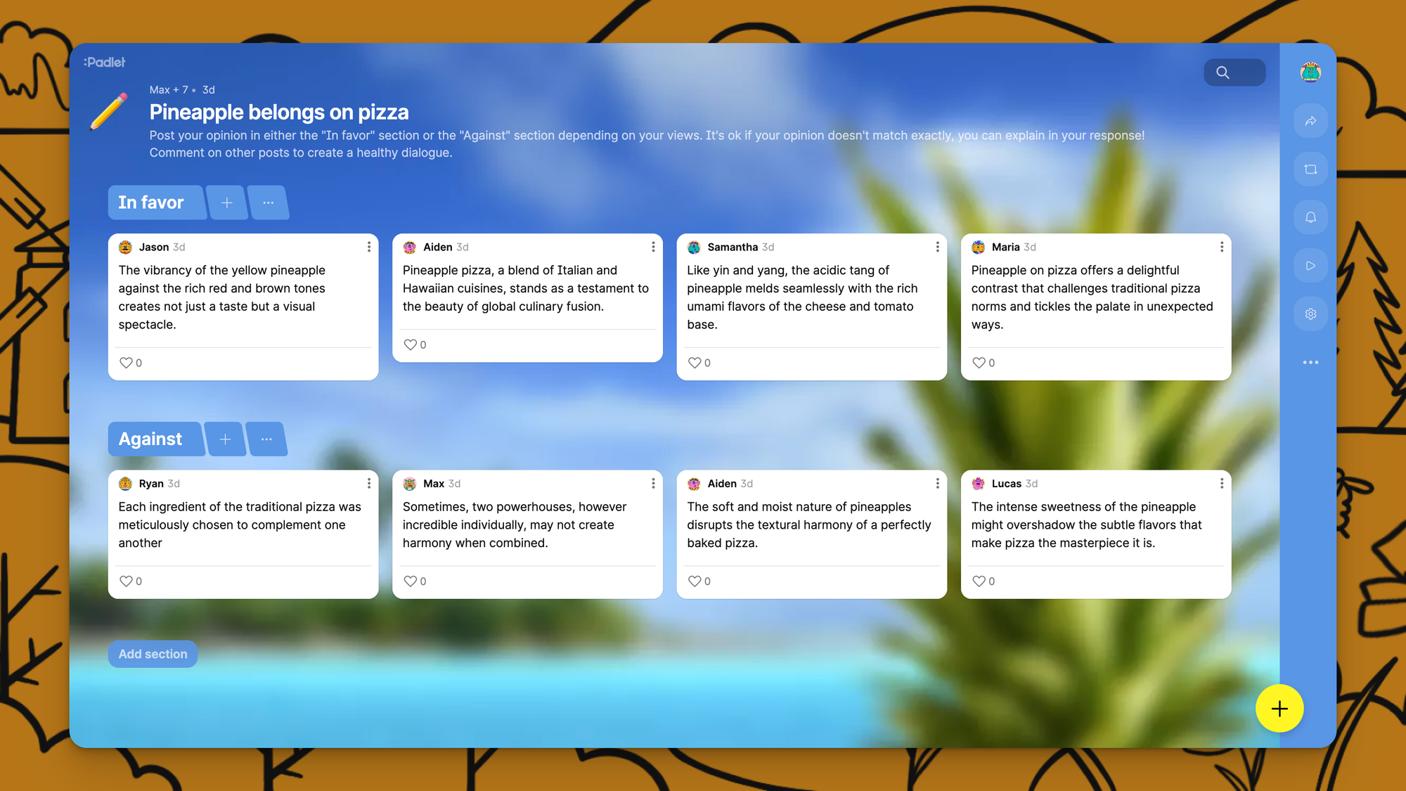 A padlet with sections about whether pineapple belongs on pizza