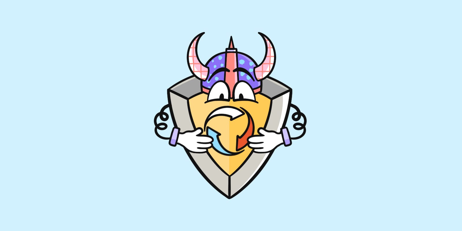 An illustrated image of a shield with eyes and arms