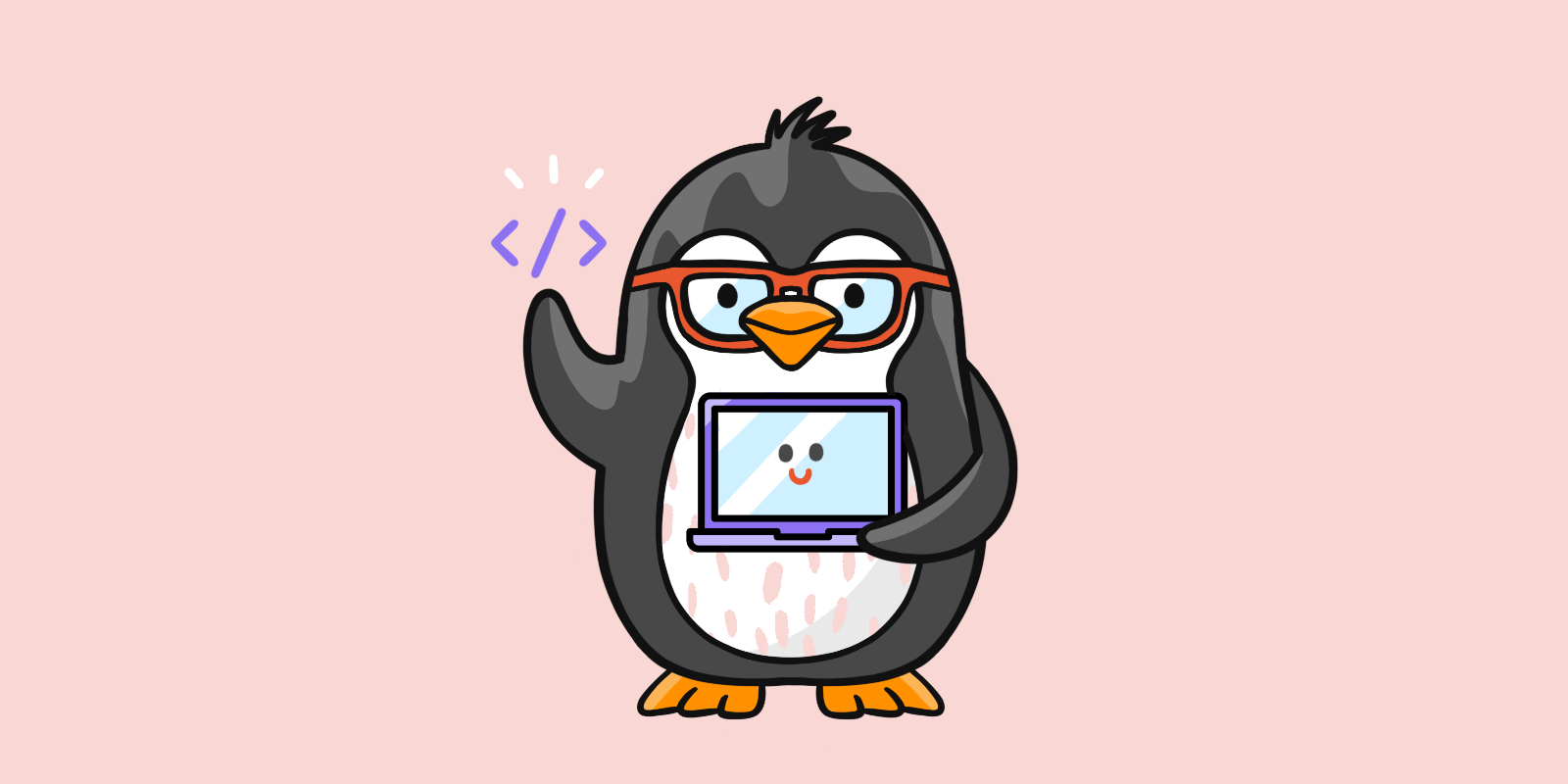 An illustrated image of a nerdy penguin over a pink background