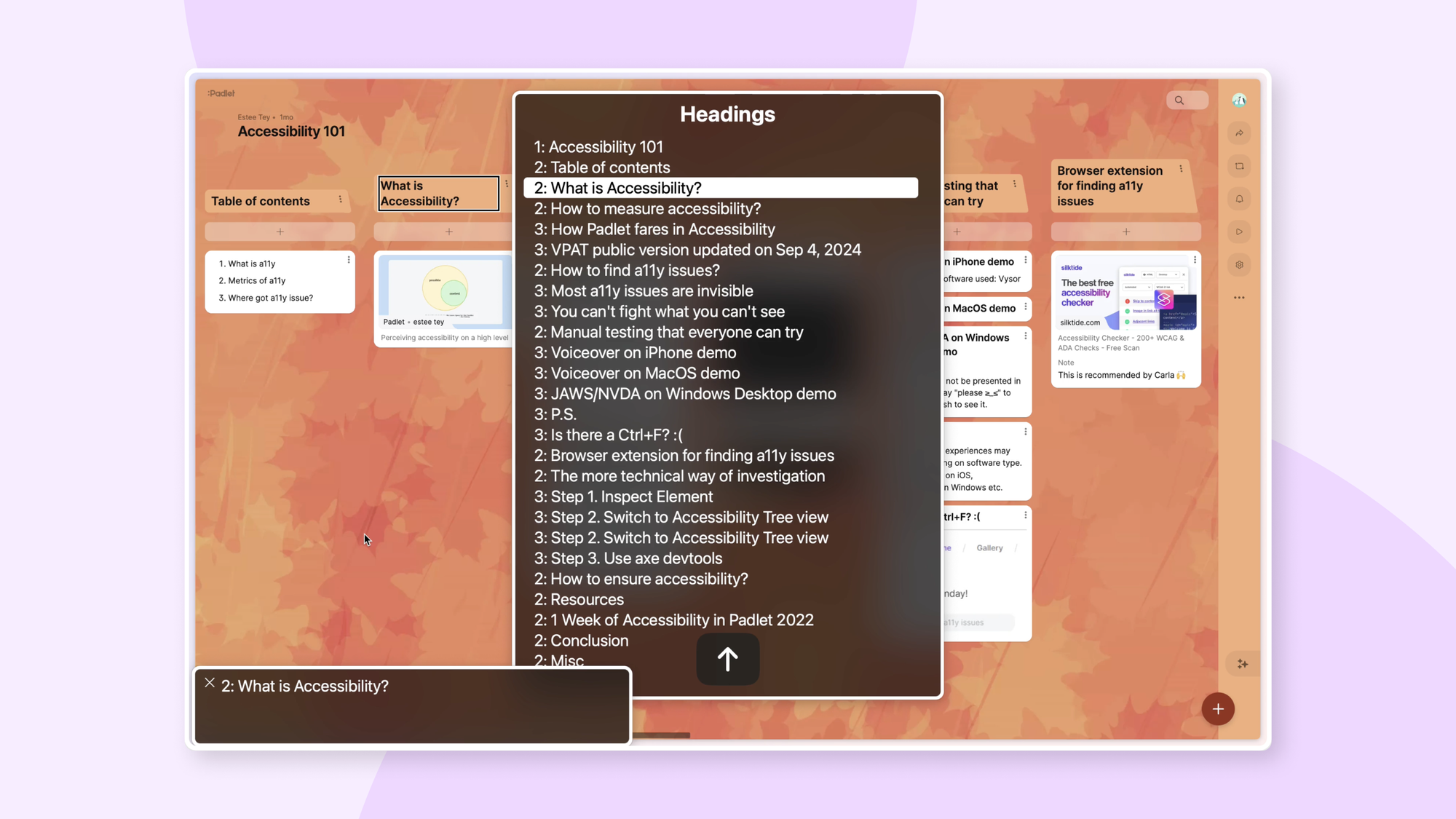 Accessibility 101 Padlet board showing table of contents and sections with a headings dropdown menu overlay.