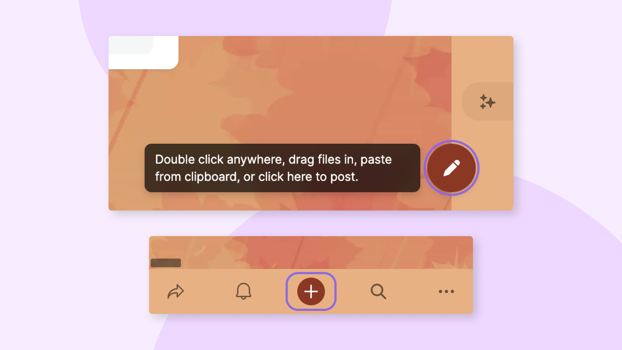 Two Padlet interface elements: a posting prompt box and a toolbar with plus button highlighted.