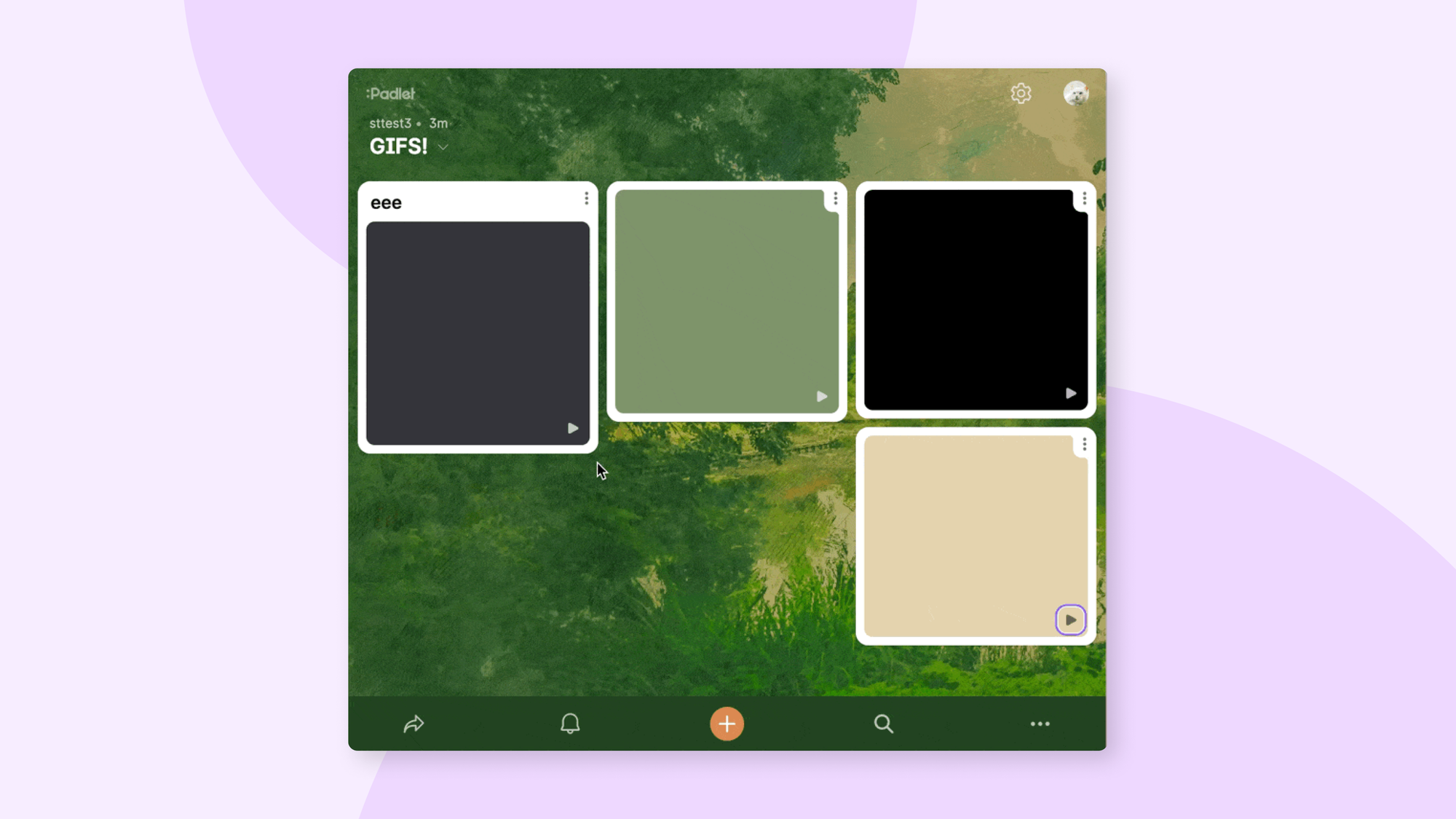 A Padlet board with four GIFs arranged in a grid layout against a forest green background.