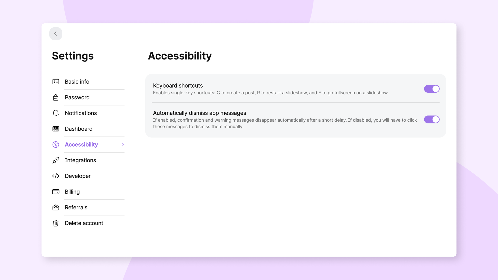 Padlet's Accessibility settings page showing keyboard shortcuts and app message dismissal options with a navigation sidebar.