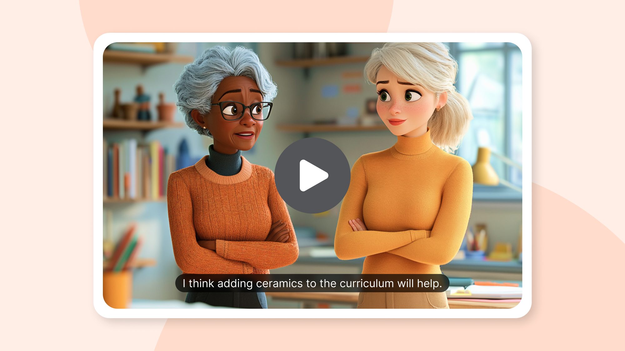 Two animated characters in orange sweaters discussing curriculum in a classroom setting in a video modal with a play button overlay