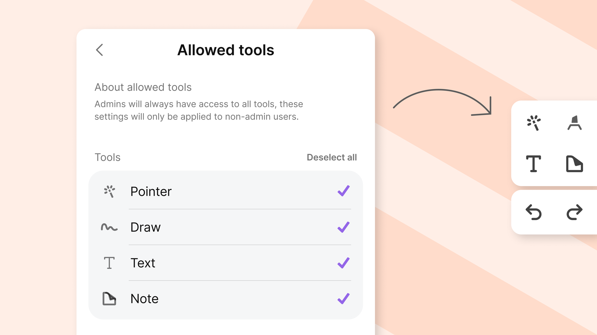 Allowed tools settings panel showing toggles for Pointer, Draw, Text, and Note tools, with an admin access notice