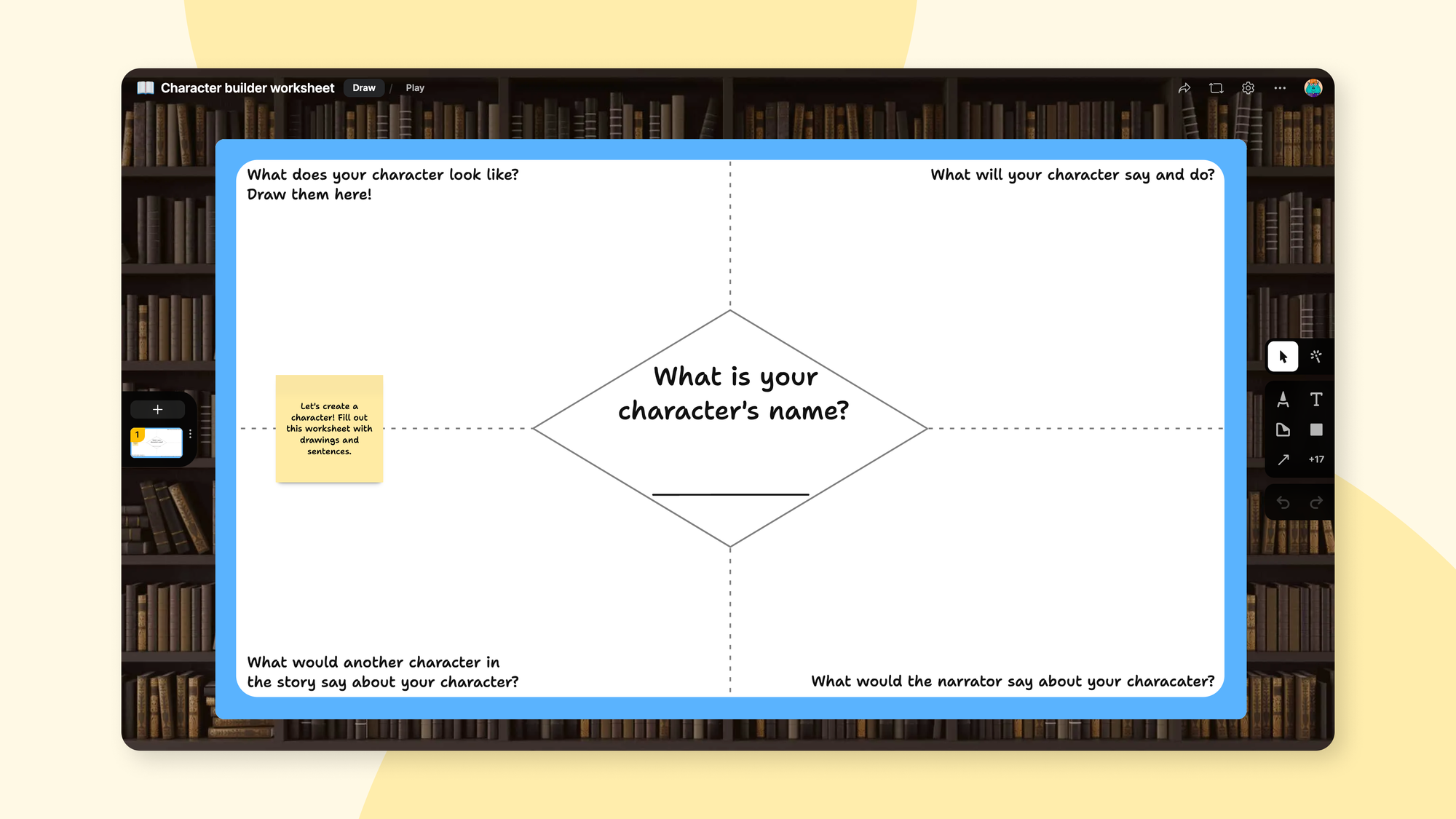 Character builder worksheet with four quadrants asking about character appearance, dialogue, and descriptions around a central name box.