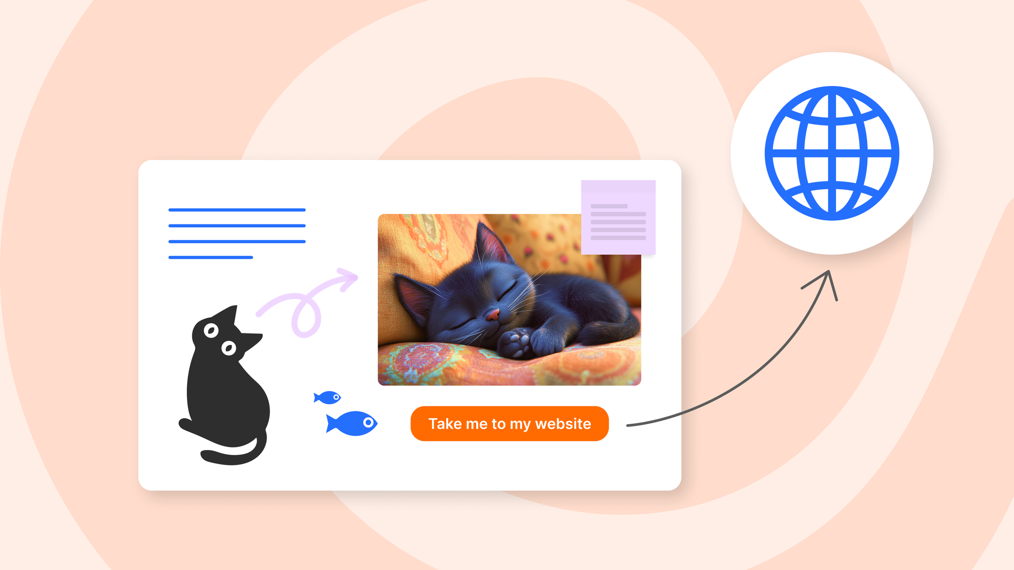 A card interface showing a photo of a sleeping cat with a 'Take me to my website' button and globe icon, demonstrating linking capability