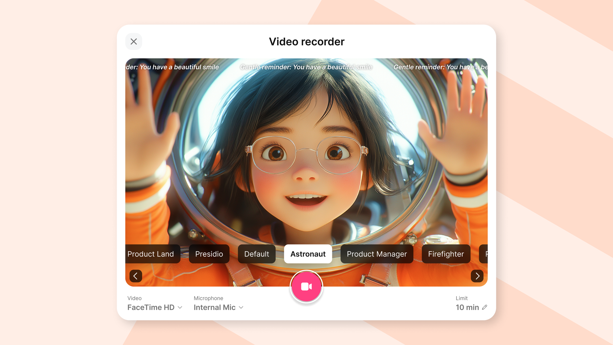 Video recorder interface with AR lens filters, showing an animated character with an astronaut filter with recording controls below