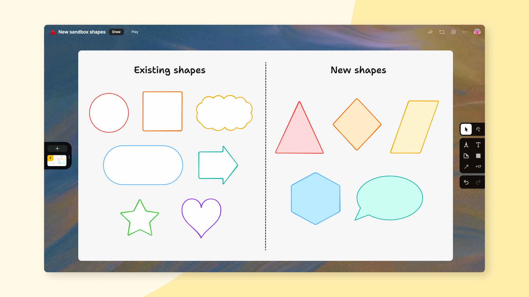 Padlet Sandbox interface showing two sections: existing shapes (circle, square, cloud) and new shapes (triangle, diamond, hexagon) in various colors.