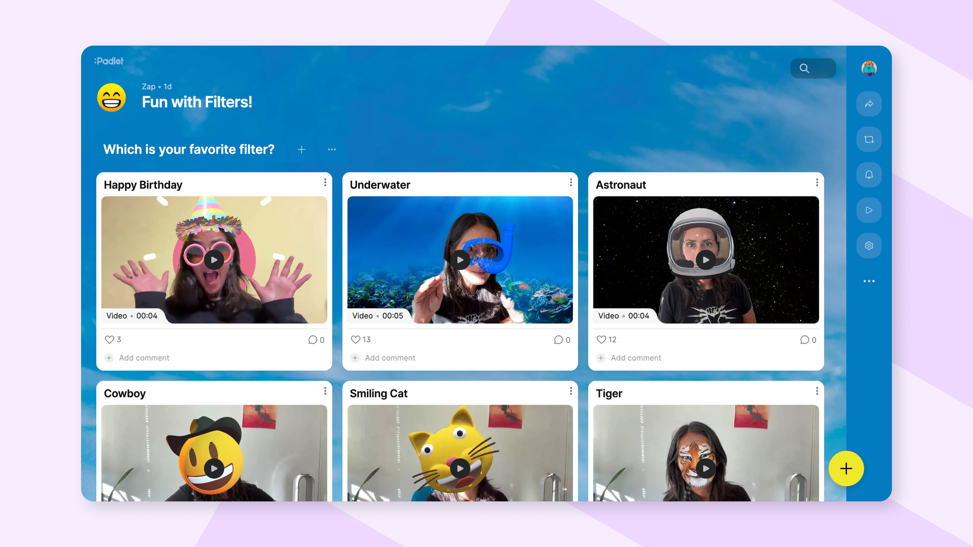 Screenshot of a padlet showing 6 of Padlet's AR video filters.