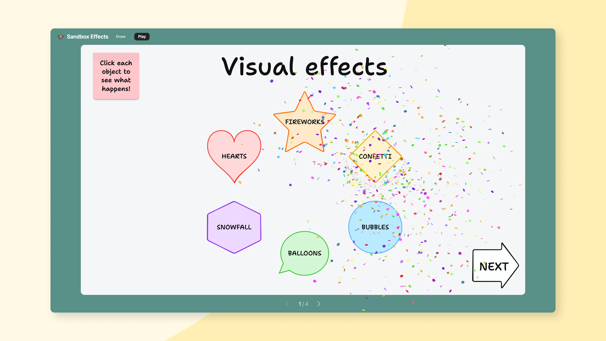 Screenshot of a sandbox with a confetti visual effect.