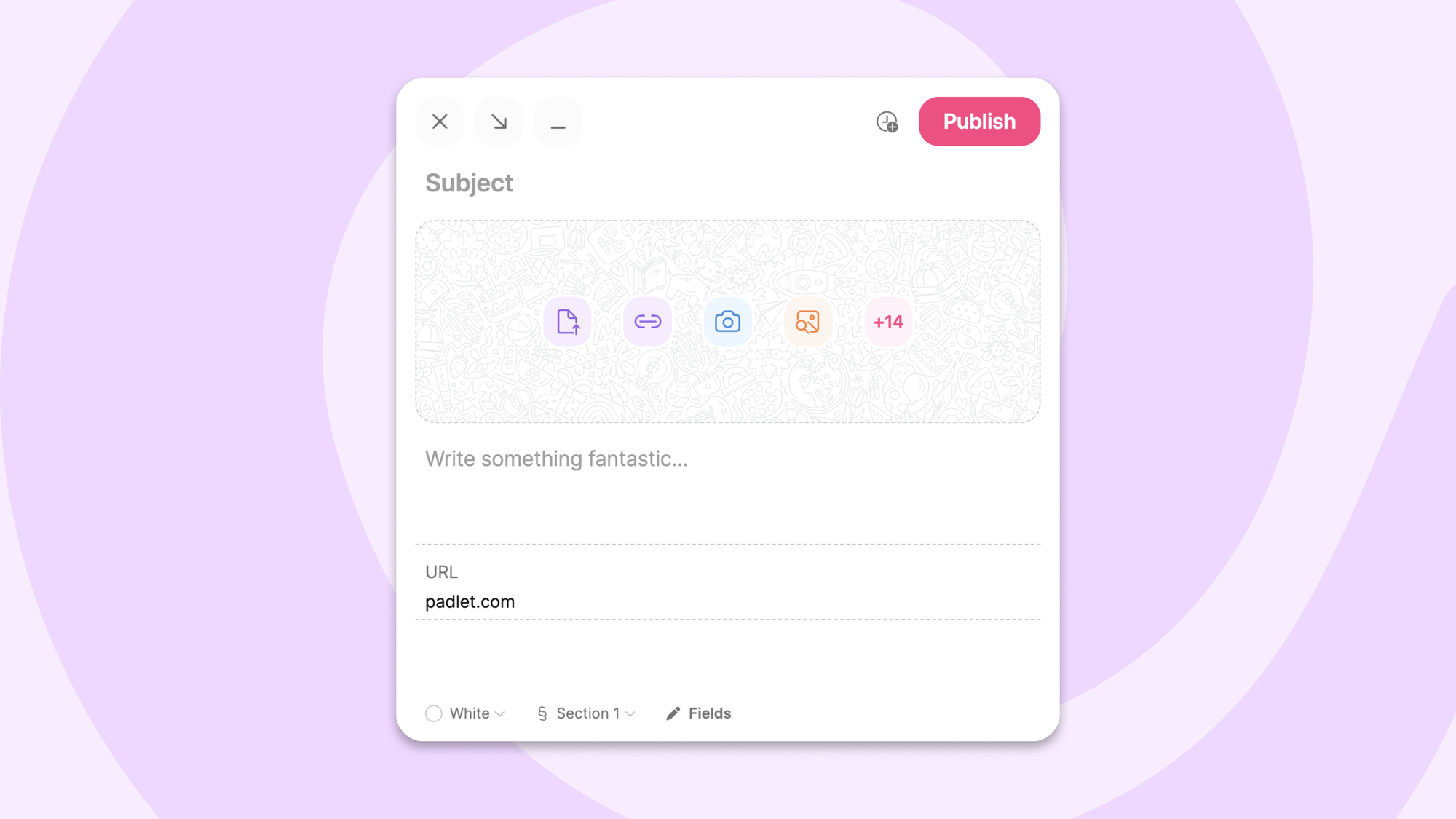 Post composer showing URL field with 'padlet.com' entered