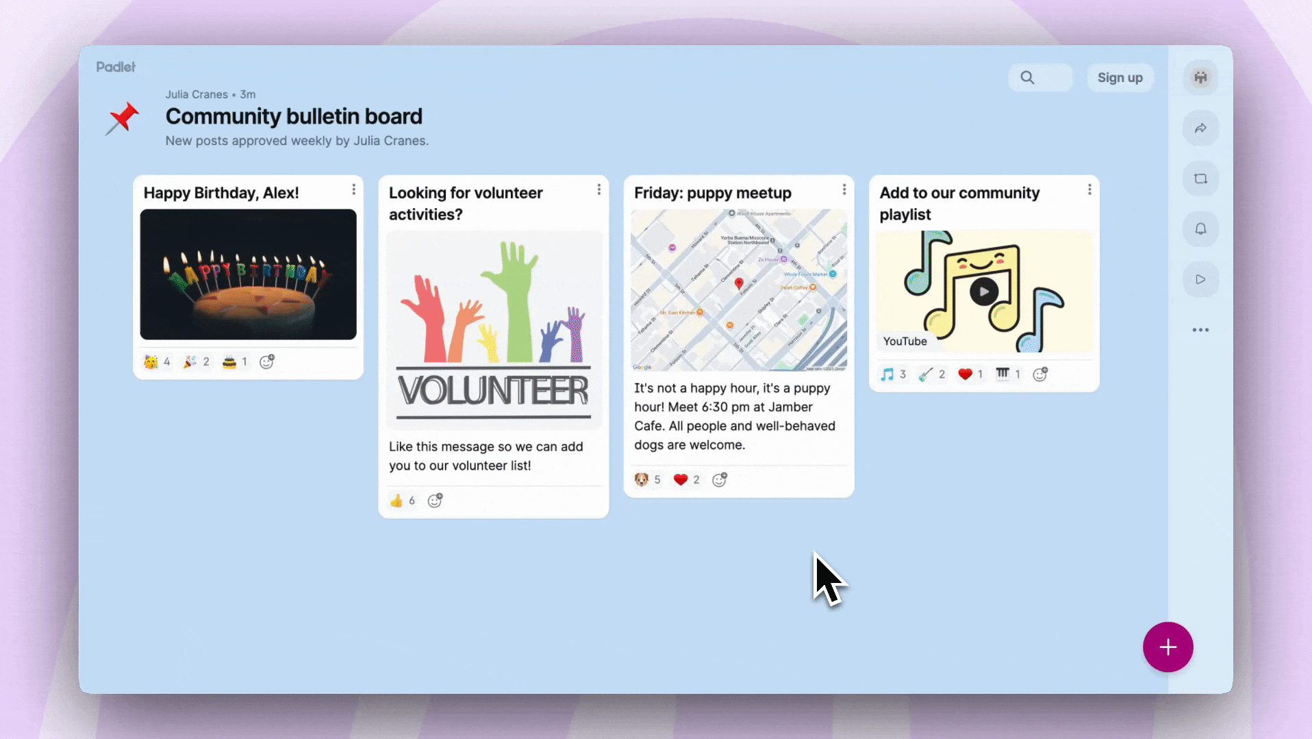 GIF showing how to add a reaction to a padlet bulletin board.