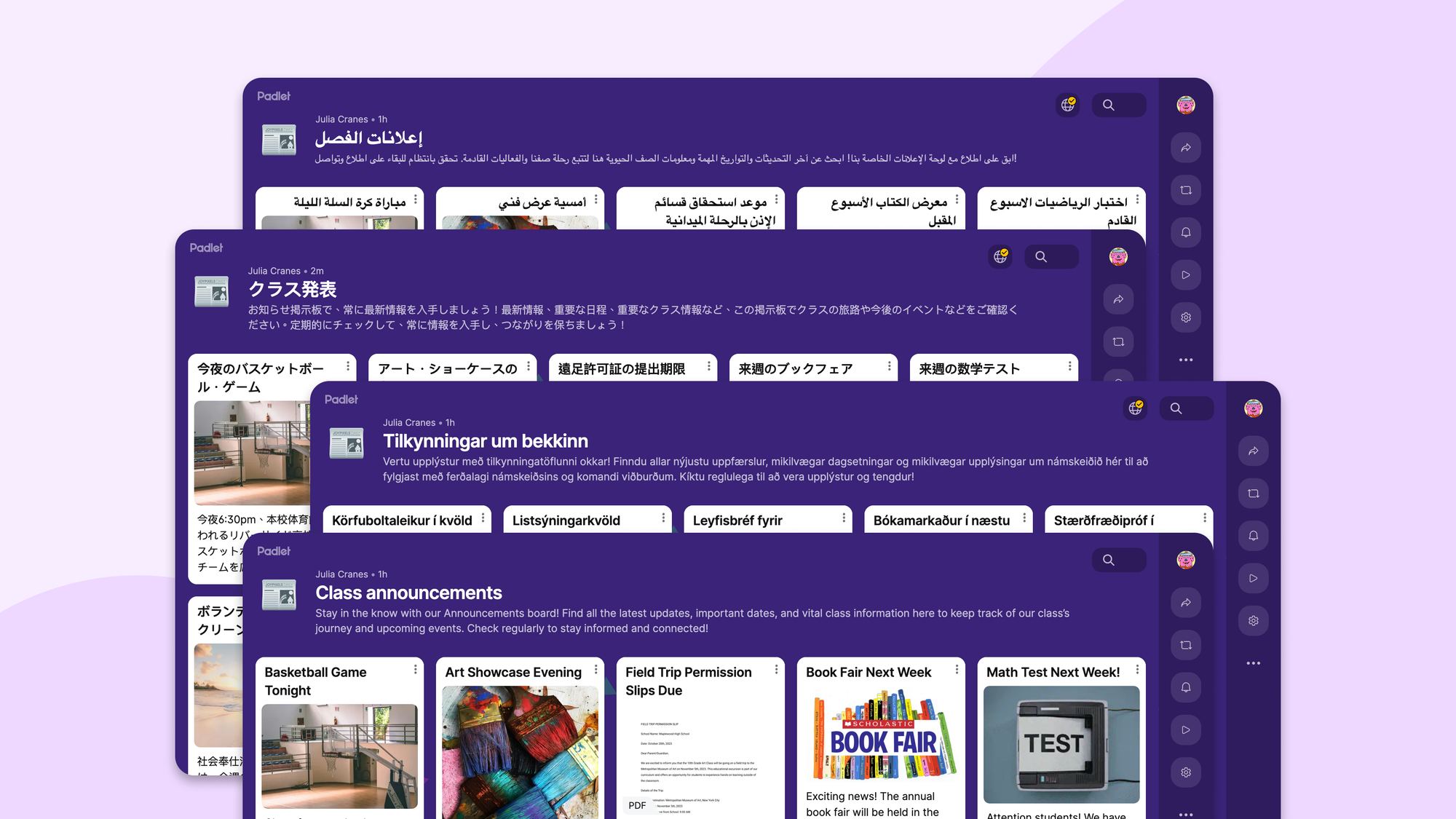 Several screenshots showing the same padlet translated into several languages.