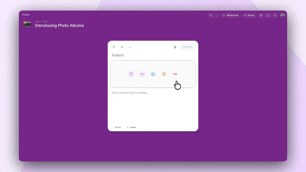 GIF showing how to add a photo album by opening the attachment picker and selecting Photo album.