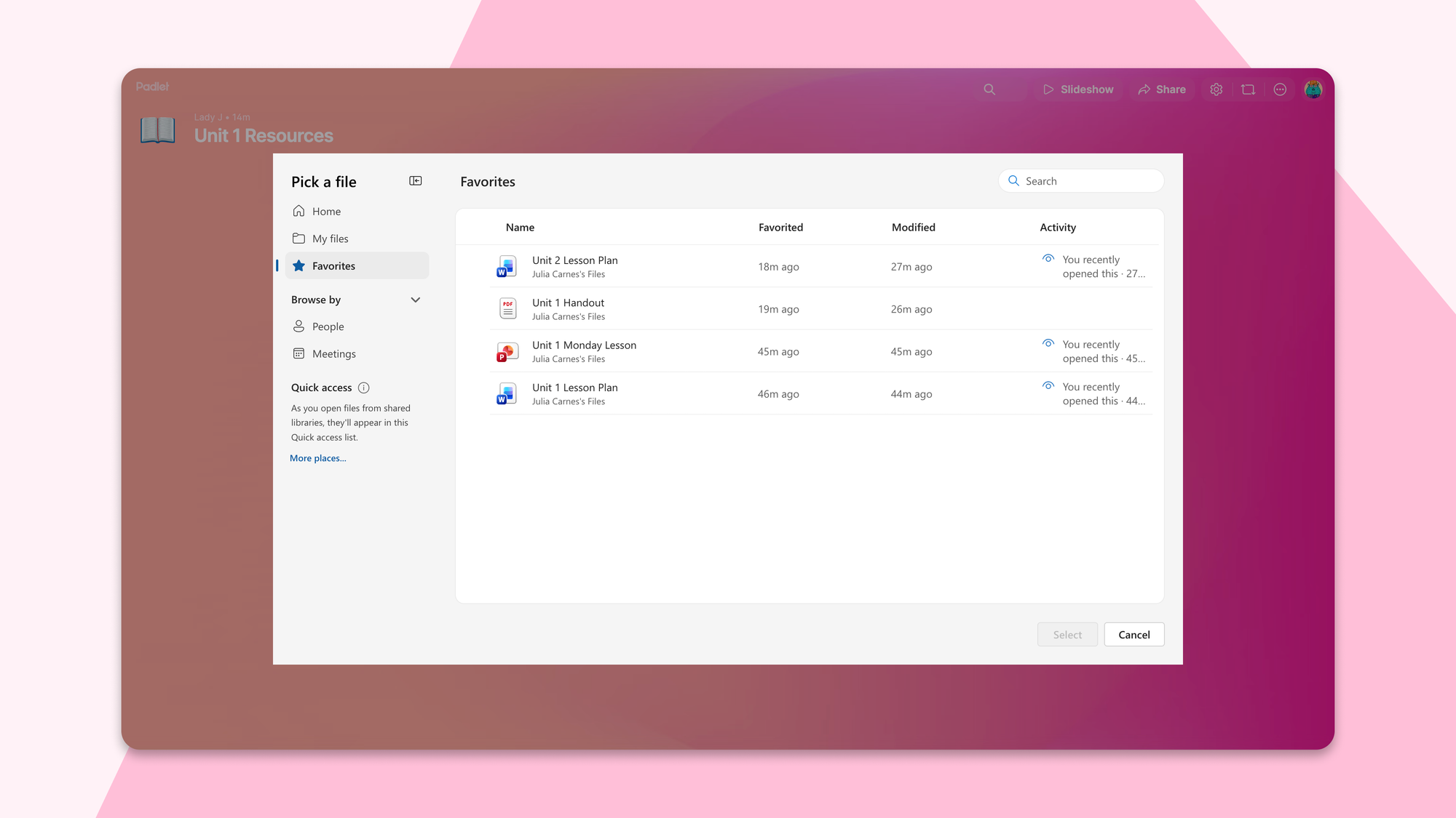 Screenshot of a Padlet board with the OneDrive file picker open.