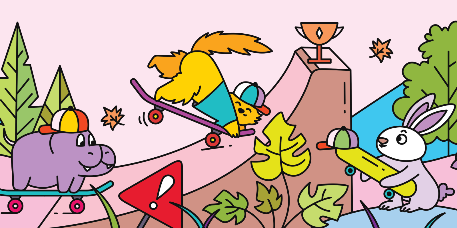 Illustration of animals having fun at a skatepark