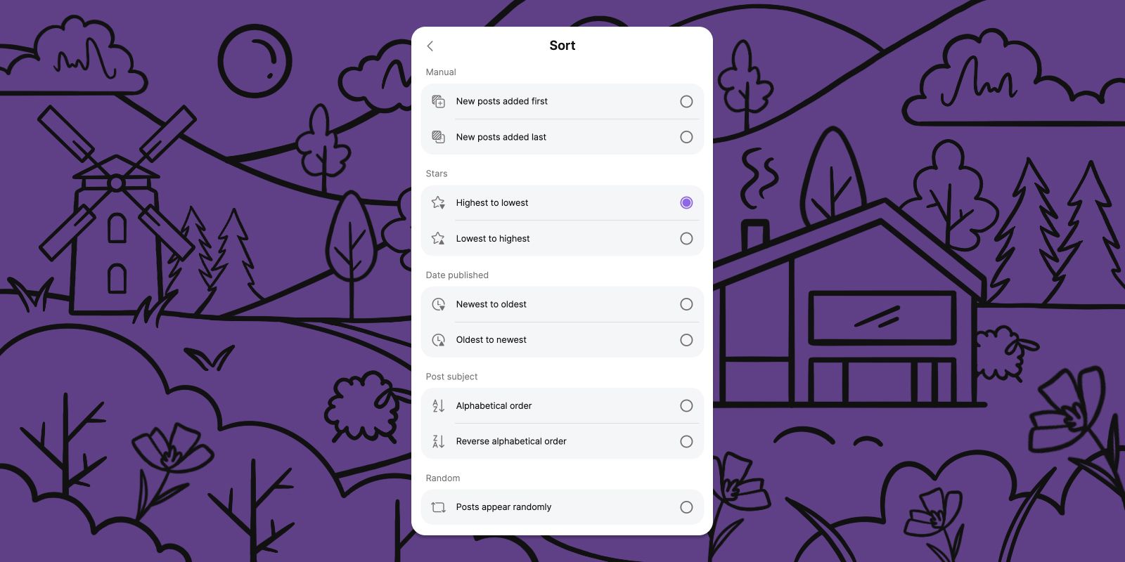 A screenshot of the sorting options atop a purple background