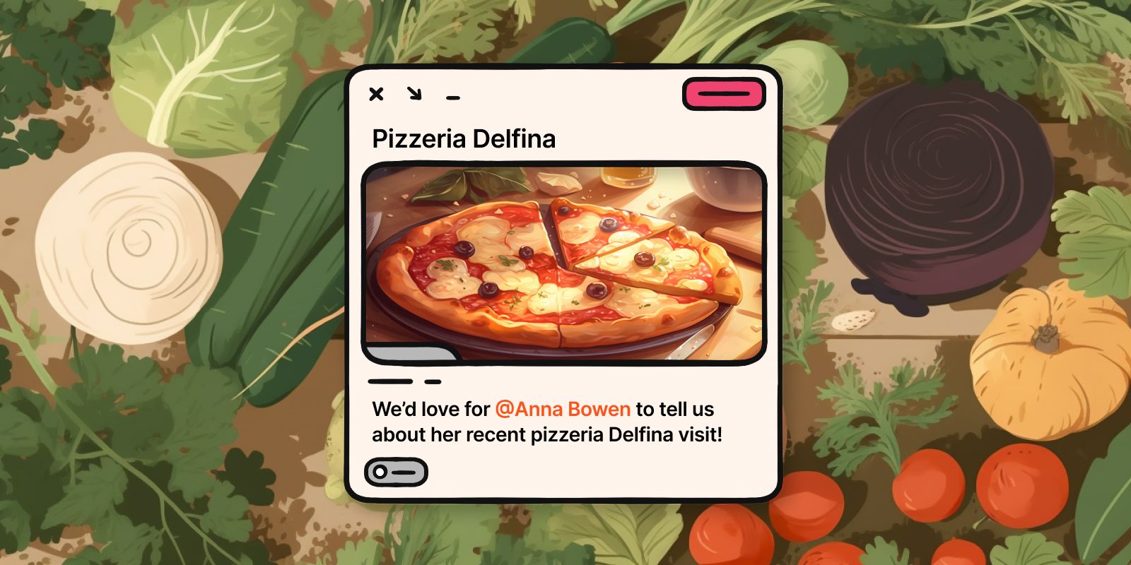 An illustrated image of a post with a pizza on a green background