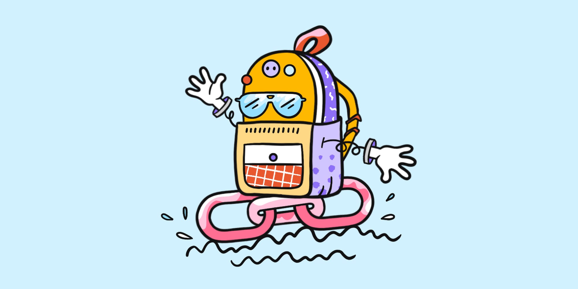 An illustration of a backpack on a link over a blue background