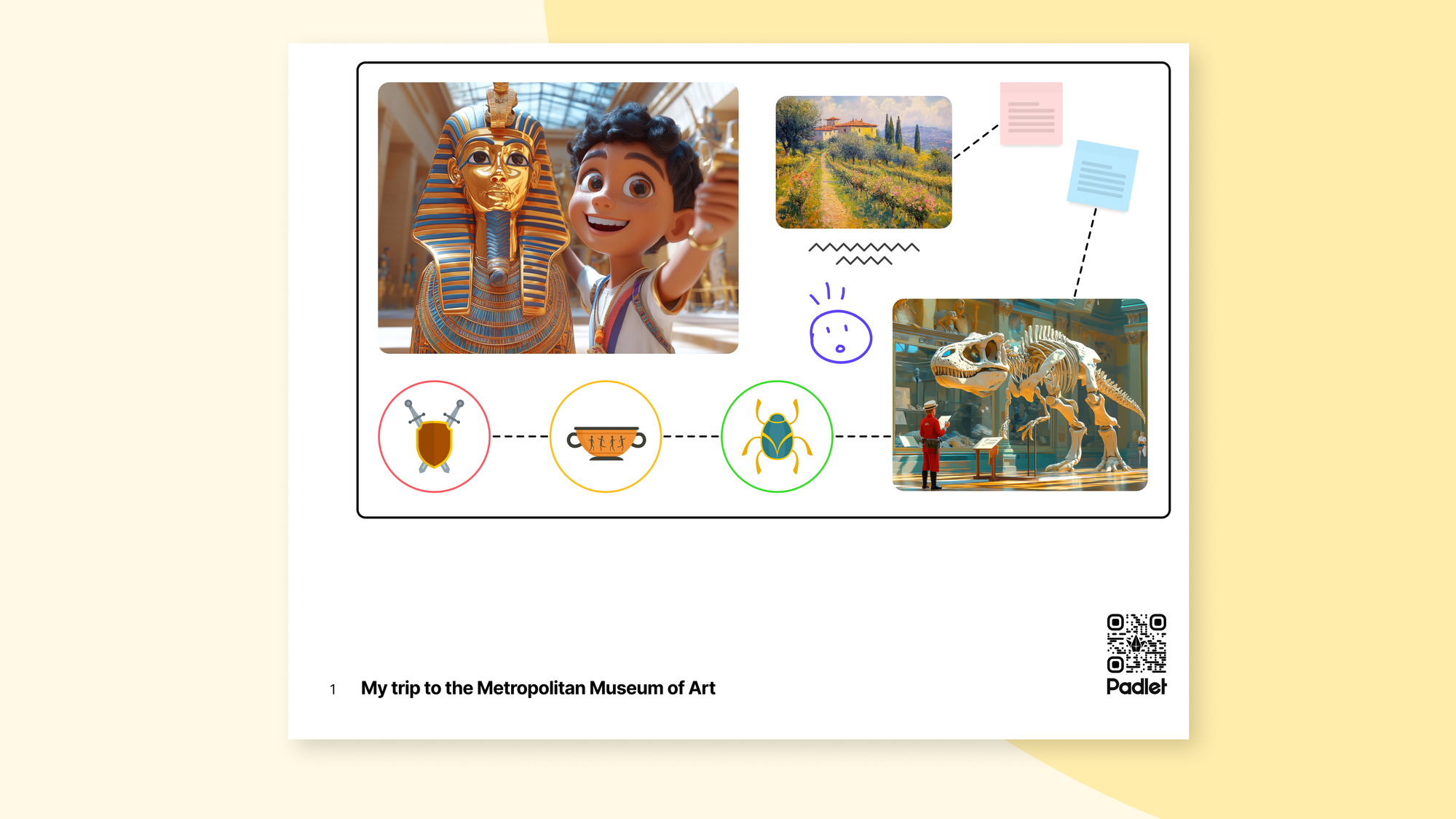 Sandbox PDF export preview showing museum visit layout with connected exhibits, images and icons.