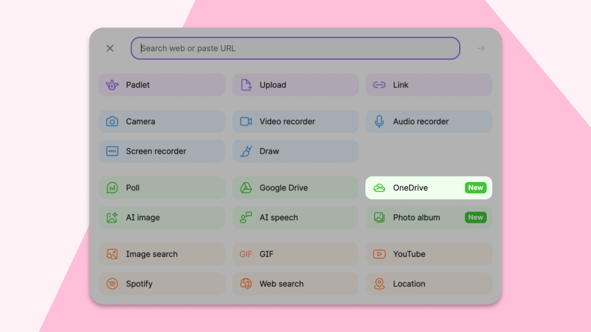 Screenshot of the attachment picker on a Padlet board with the new OneDrive attachment button highlighted.
