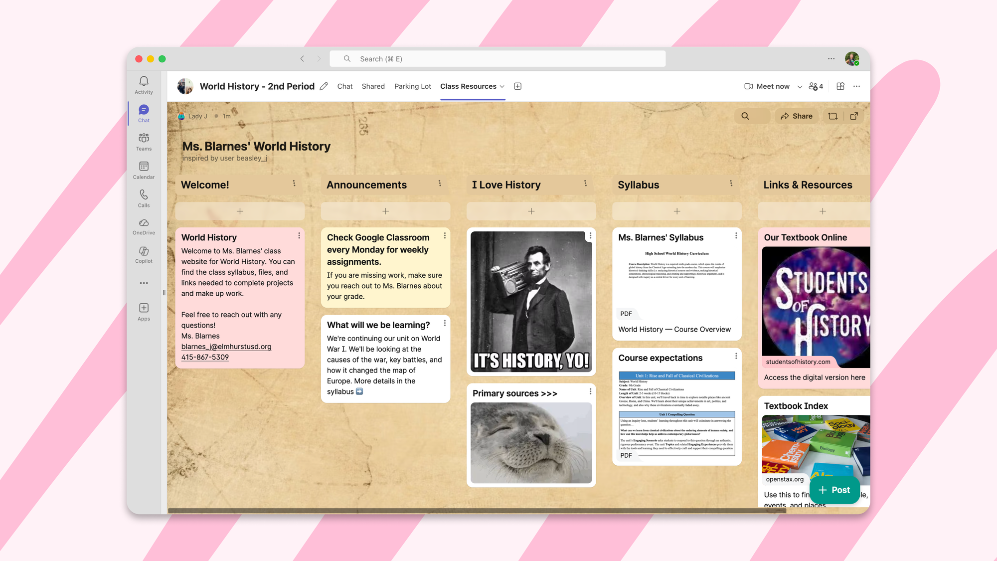 Screenshot of a padlet board embedded inside Microsoft Teams via our new integration.