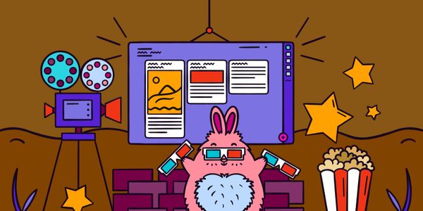 Illustration of a pink rabbit with 3D glasses in front of a padlet projected onto a screen.