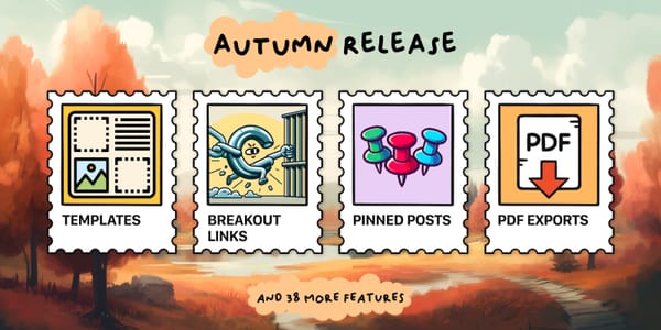 Stamps representing new features over an illustrated fall background