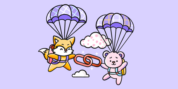 An illustrated image of two animals in parachutes linked together