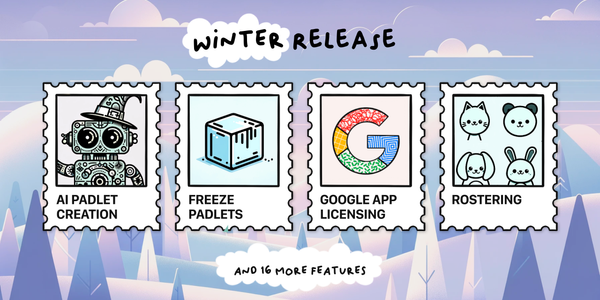 Stamps representing new features over an illustrated winter background