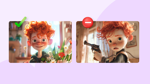Two photos of a young boy. One with flowers and a green check. One with a revolver and a red minus sign.