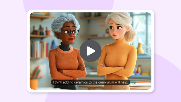 Video player showing two animated characters in orange sweaters with auto-captions about adding ceramics to curriculum.