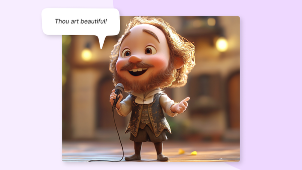 Illustration of William Shakespeare with a speech bubble saying, "Thou art beautiful!"