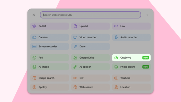 Screenshot of the attachment picker on a Padlet board with the new OneDrive attachment button highlighted.